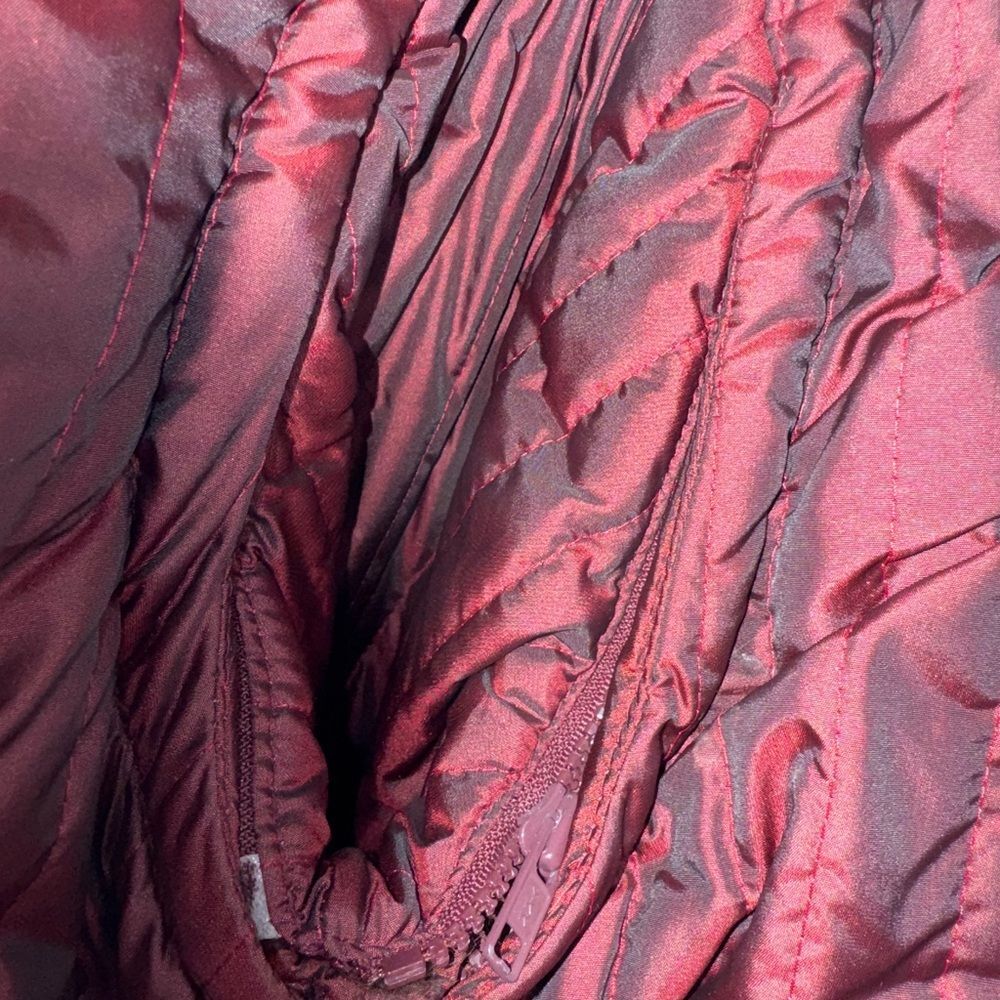Vintage Raccoon Fur & Burgundy Quilted Bomber Jacket Detachable Sleeves Large - Picture 7 of 9